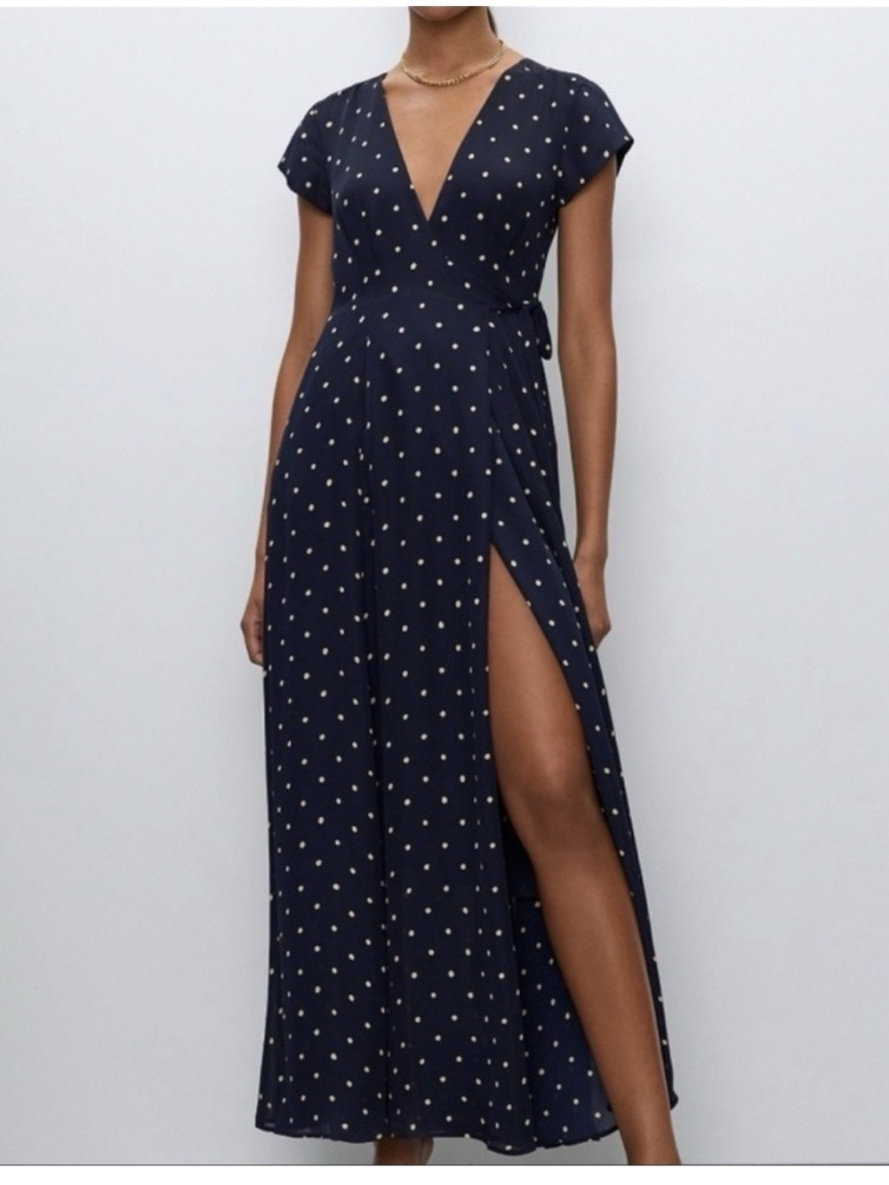 Babaton Lexia dress, Navy and Cream Polka Dot Wrap Maxi Dress